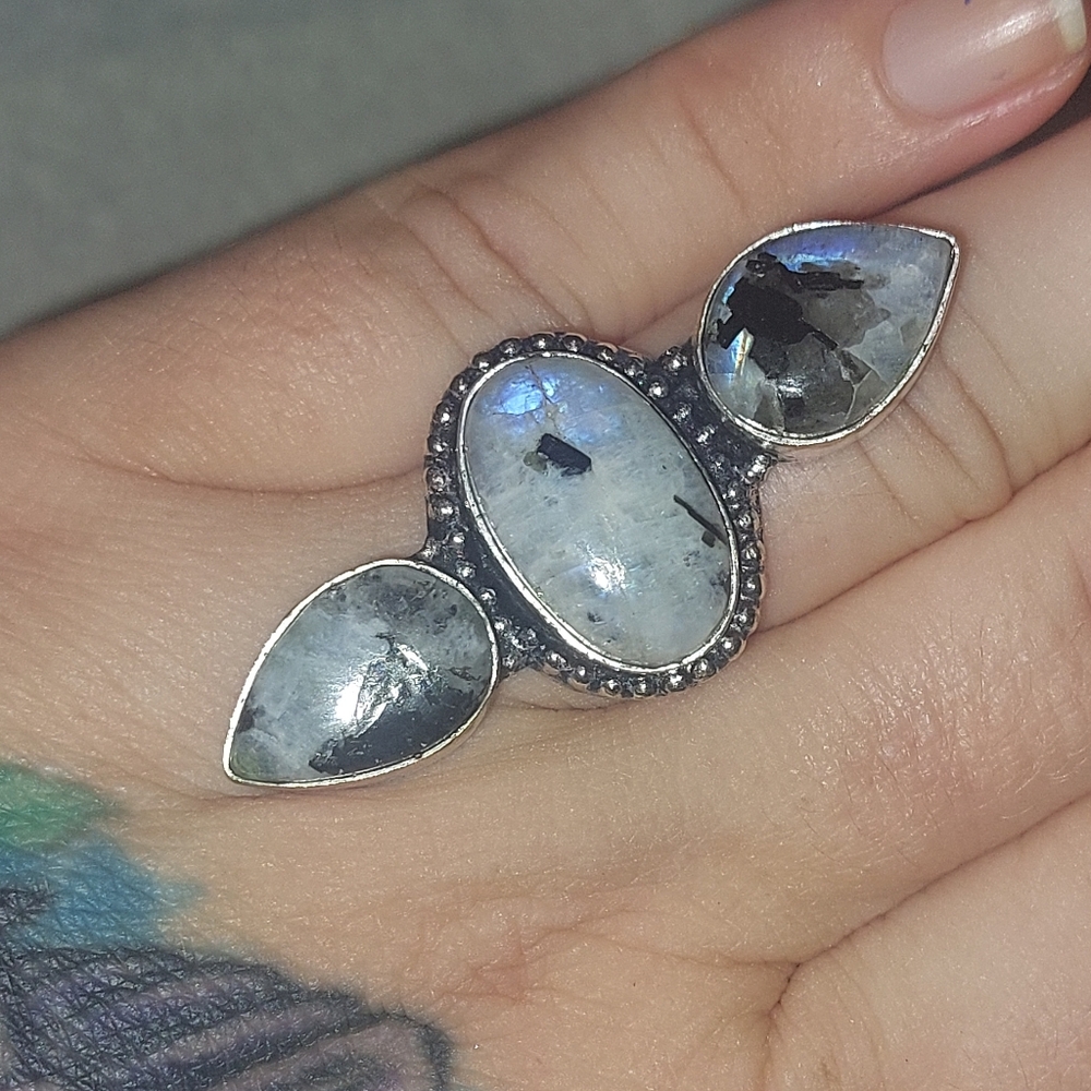 Triple Rainbow Moonstone Statement Ring Size 7 - Picture 2 of 9
